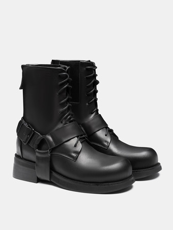 ブラックバイカーブーツ 本革バックル レースアップ アンクルブーツ