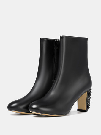 ブラック ブラック アンクルブーツ レディース ラウンドトゥ スタッド ジップアップ ブロックヒール ブーティ