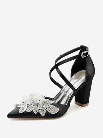 ブラック ウェディングシューズ ブライダルパンプス サテン ポインテッドトゥ