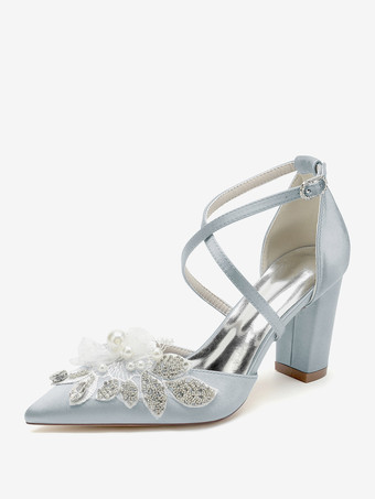 シルバー ウェディングシューズ ブライダルパンプス サテン ポインテッドトゥ