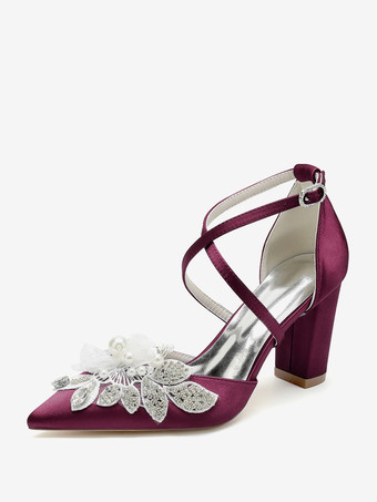 ワインレッド ウェディングシューズ ブライダルパンプス サテン ポインテッドトゥ