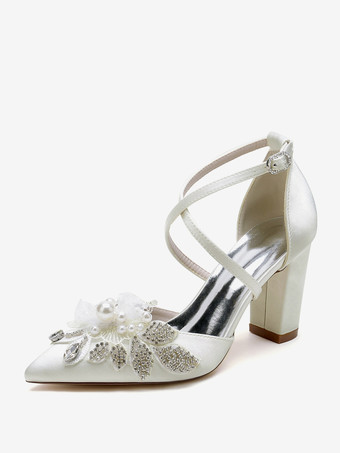 アイボリーウェディングシューズ ブライダルパンプス サテン ポインテッドトゥ