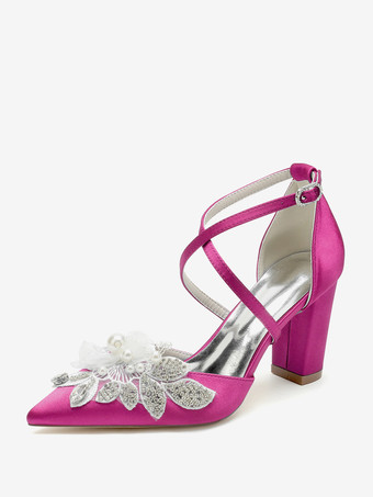 ローズレッドウェディングシューズ ブライダルパンプス サテン ポインテッドトゥ