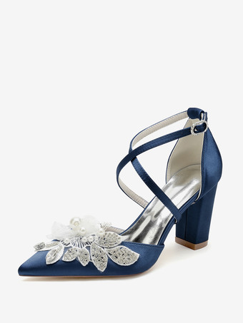 ディープブルーウェディングシューズ ブライダルパンプス サテン ポインテッドトゥ