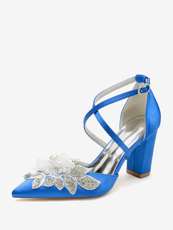 ロイヤルブルーウェディングシューズ ブライダルパンプス サテン ポインテッドトゥ