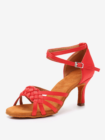 レッド ラテンダンスシューズ サテン ライトアプリコット ラウンドトゥ ダンスシューズ