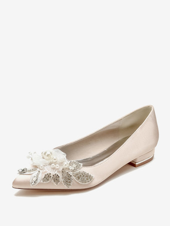 シャンパンカラーブライダルシューズ ブライダルフラット サテン ポインテッドトゥ