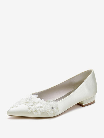 アイボリー ブライダルシューズ ブライダルフラット サテン ポインテッドトゥ