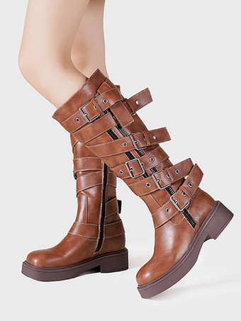 膝丈ブーツ レディース ダークグリーン シック バックル フラット ニーハイブーツ