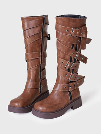 ディープブラウン膝丈ブーツ レディース ダークグリーン シック バックル フラット ニーハイブーツ