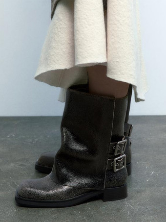 レディース ブラック バックル ブーティ ラウンドトゥ チャンキーヒール アンクルブーツ