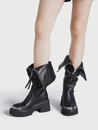 Mid Calf Boots Women's Buckle PU Leather Round Toe Stiletto Heel Boots