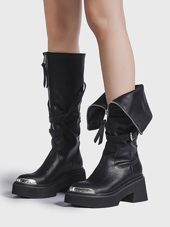 Mid Calf Boots Women's Buckle PU Leather Round Toe Stiletto Heel Boots