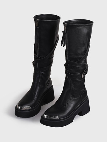 Black Mid Calf Boots Women's Buckle PU Leather Round Toe Stiletto Heel Boots