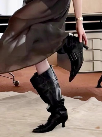 ブラック ミッドカーフブーツ レディース バックル ポインテッドトゥ スティレットヒール スラウチブーツ