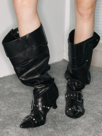 ブラック ブラック ミッドカーフブーツ レディース バックル ポインテッドトゥ スティレットヒール スラウチブーツ