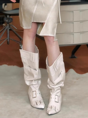 ブラック ミッドカーフブーツ レディース バックル ポインテッドトゥ スティレットヒール スラウチブーツ