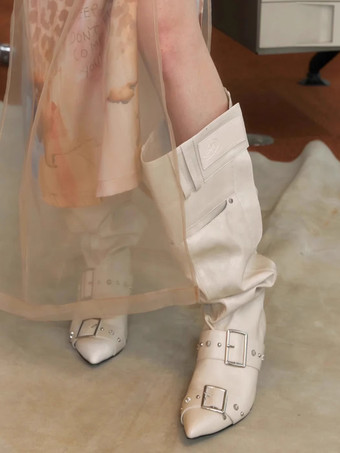 ホワイト ブラック ミッドカーフブーツ レディース バックル ポインテッドトゥ スティレットヒール スラウチブーツ