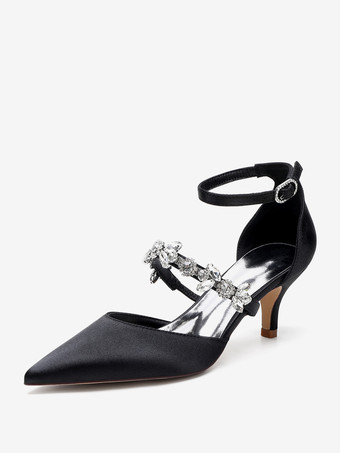 ブラック ウェディングシューズ ブライダルパンプス サテン ポインテッドトゥ ラインストーン