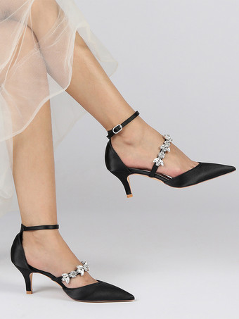 ウェディングシューズ ブライダルパンプス サテン ポインテッドトゥ ラインストーン