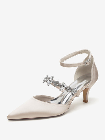 シャンパンカラーウェディングシューズ ブライダルパンプス サテン ポインテッドトゥ ラインストーン