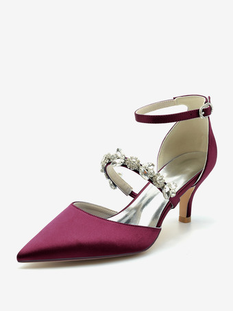 ワインレッド ウェディングシューズ ブライダルパンプス サテン ポインテッドトゥ ラインストーン