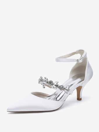 ホワイト ウェディングシューズ ブライダルパンプス サテン ポインテッドトゥ ラインストーン