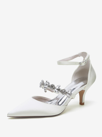アイボリー ウェディングシューズ ブライダルパンプス サテン ポインテッドトゥ ラインストーン