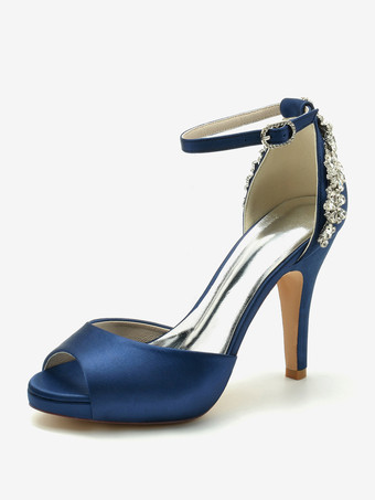 ディープブルーウェディングシューズ ブライダルパンプス サテン ピープトゥ ラインストーン