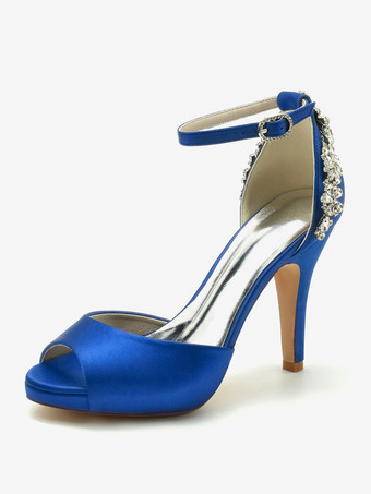 ロイヤルブルーウェディングシューズ ブライダルパンプス サテン ピープトゥ ラインストーン