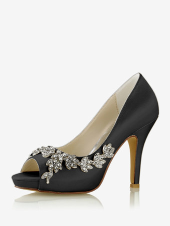 ブラック ウェディングシューズ ブライダルパンプス サテン ピープトゥ ラインストーン