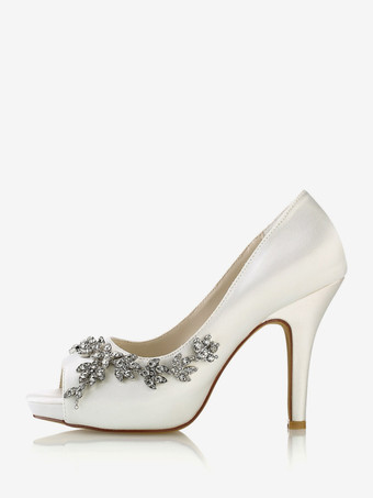 ウェディングシューズ ブライダルパンプス サテン ピープトゥ ラインストーン