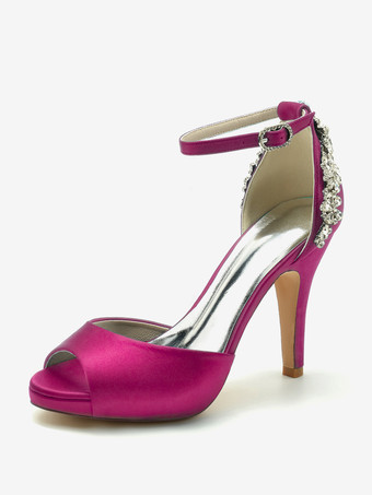 ローズレッドウェディングシューズ ブライダルパンプス サテン ピープトゥ ラインストーン