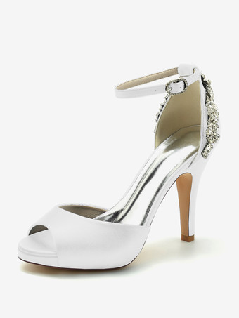 ホワイト ウェディングシューズ ブライダルパンプス サテン ピープトゥ ラインストーン