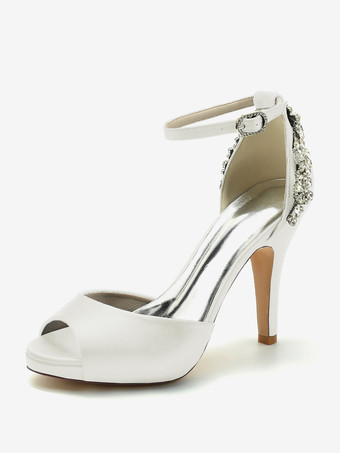 アイボリーウェディングシューズ ブライダルパンプス サテン ピープトゥ ラインストーン