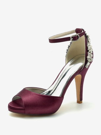 ワインレッド ウェディングシューズ ブライダルパンプス サテン ピープトゥ ラインストーン