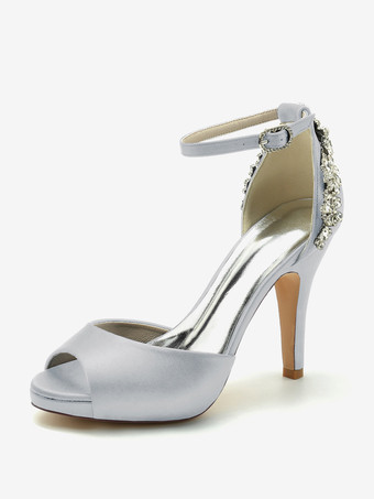 シルバー ウェディングシューズ ブライダルパンプス サテン ピープトゥ ラインストーン