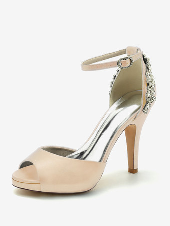 シャンパンカラーウェディングシューズ ブライダルパンプス サテン ピープトゥ ラインストーン