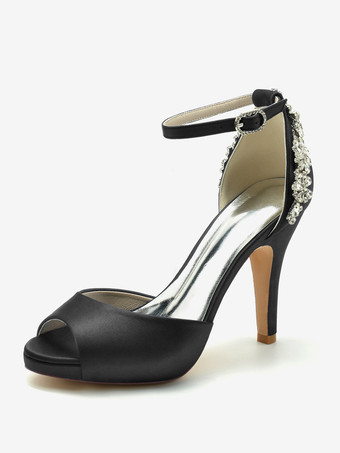 ブラック ウェディングシューズ ブライダルパンプス サテン ピープトゥ ラインストーン