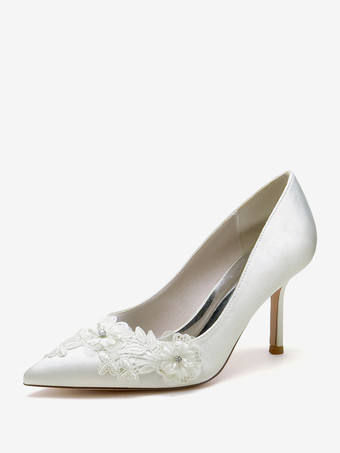 アイボリー ウェディングシューズ ブライダルパンプス サテン ポインテッドトゥ