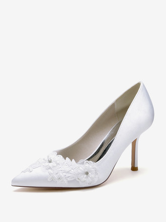 ホワイト ウェディングシューズ ブライダルパンプス サテン ポインテッドトゥ