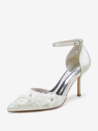 アイボリー ウェディングシューズ ブライダルパンプス サテン ポインテッドトゥ