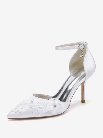 ホワイト ウェディングシューズ ブライダルパンプス サテン ポインテッドトゥ