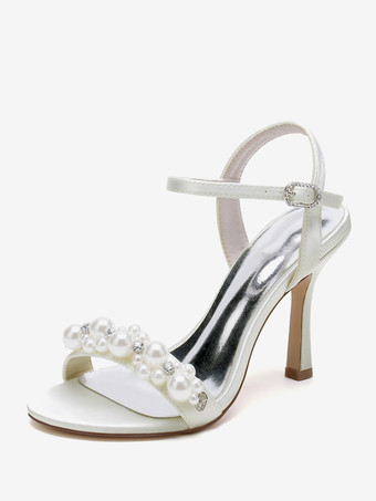 アイボリー ウェディングシューズ サテン ホワイト ラインストーン オープントゥ ウェディングサンダル