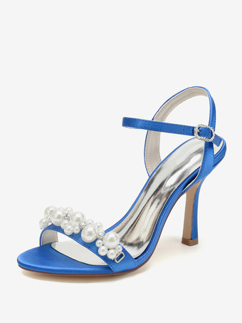 ロイヤルブルーウェディングシューズ サテン ホワイト ラインストーン オープントゥ ウェディングサンダル