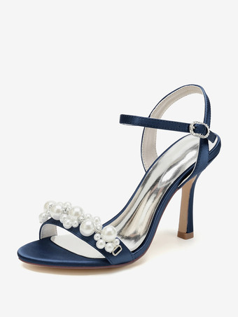 ディープブルーウェディングシューズ サテン ホワイト ラインストーン オープントゥ ウェディングサンダル