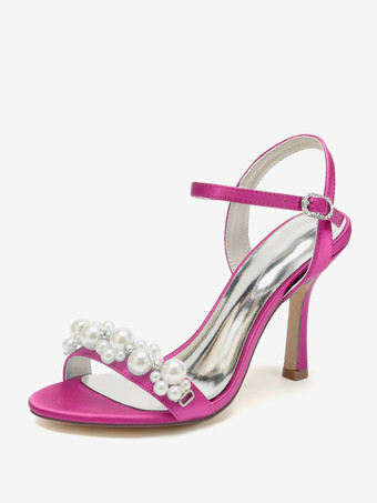 ローズレッドウェディングシューズ サテン ホワイト ラインストーン オープントゥ ウェディングサンダル