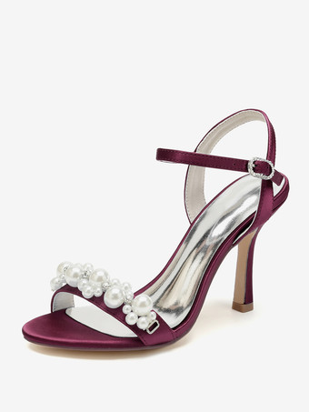 ワインレッド ウェディングシューズ サテン ホワイト ラインストーン オープントゥ ウェディングサンダル