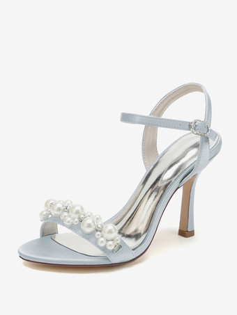 シルバー ウェディングシューズ サテン ホワイト ラインストーン オープントゥ ウェディングサンダル