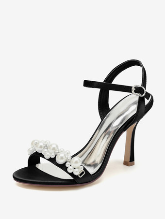 ブラック ウェディングシューズ サテン ホワイト ラインストーン オープントゥ ウェディングサンダル